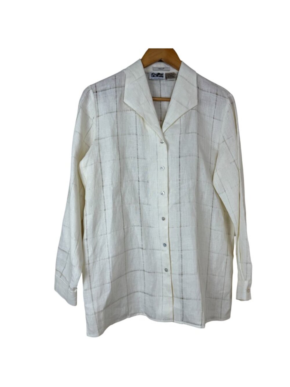 Edward 100% Irish Linen Button Up Shirt Ivory Size Med Window Pane Semi Sheer